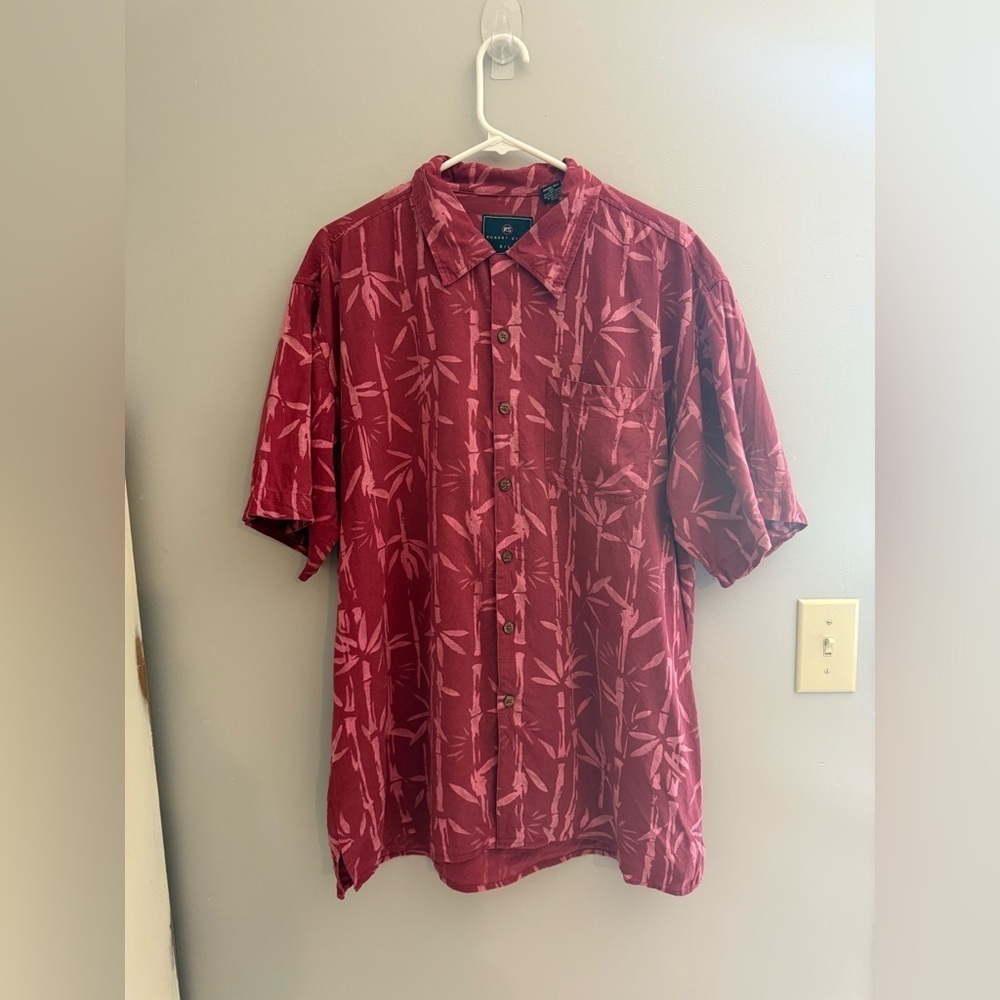 Robert Stock Button Up Collared Shirt Men’s SZ XL 100% Silk Red Bamboo Hawaiian